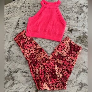 Aerie Pink and Red Leggings with Racerback Sports Bra